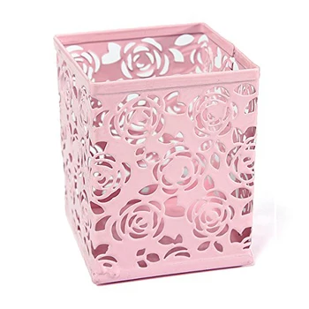 

New and Hot Hollow Rose Flower Metal Pen Holder Office Desk Container Case