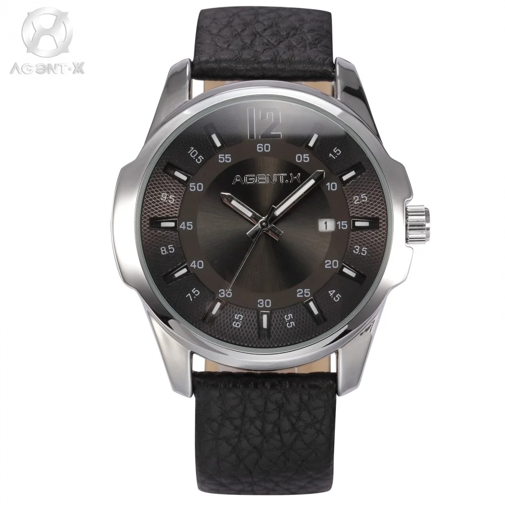 

AGENTX Miyota Movemant Silver Stainless Steel Case Heren Horloge Black Genuine Leather Band Men Quartz Business Watch / AGX030