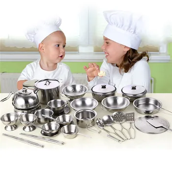 

Kids 25pcs Kitchen Utensils Play House Cooking Toys Stainless Steel Kitchen Pots Pans Tools Pretended Play Education
