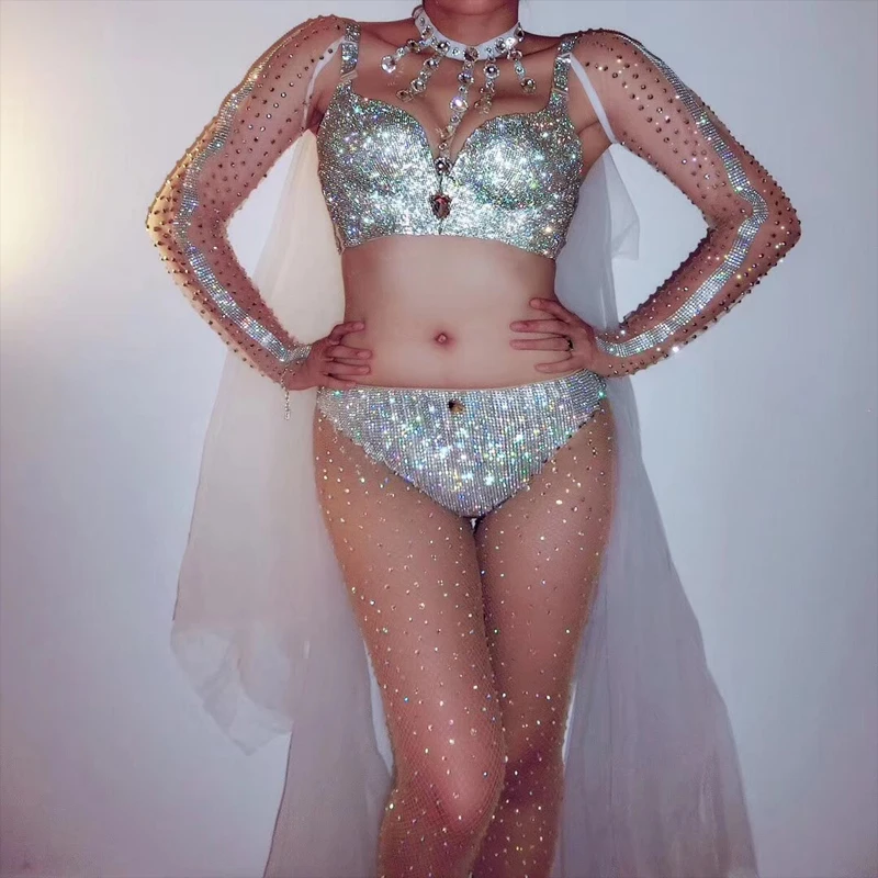 

2019 Women New Nightclub Bar DS Costumes Set Singer DJ Sexy Super Flash Silver Shiny Rhinestone Costume Transparent Cloak Set