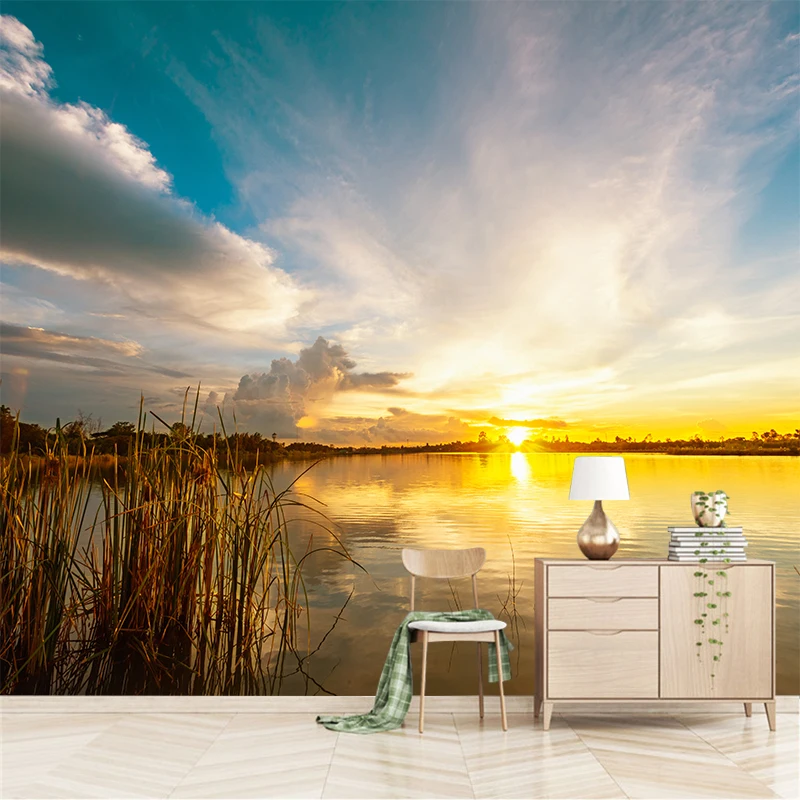 

Custom any size wall mural wallpapers Modern fashion Beautiful Sunset and lake water Wallpaper Wall Sticker YBZ080