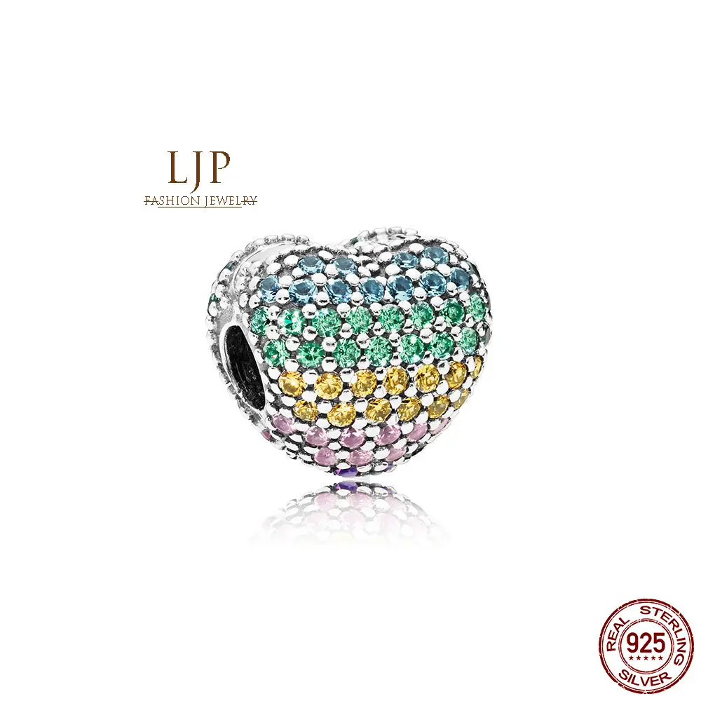 

100% 925 Sterling Silver Beads Open My Heart Pave Clip, Multi-Color CZ Charms fit Original Pandora Bracelets Women DIY Jewelry