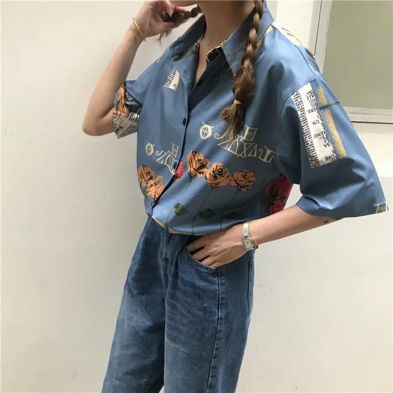 2018 Women Blouse Flower Painting Print 