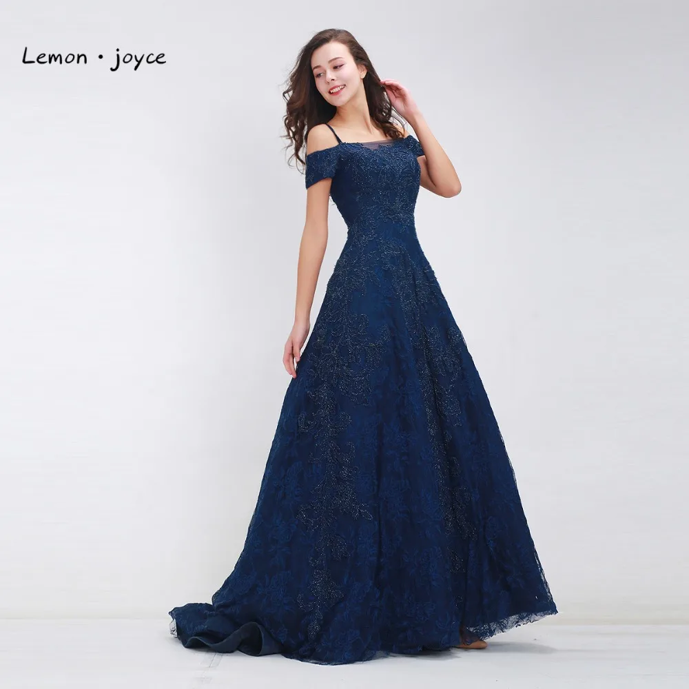 

Dark Blue Prom Dresses Long 2019 Elegant Boat Neck Beading Lace A-line Floor-Length Luxury Evening Dresses Plus Size