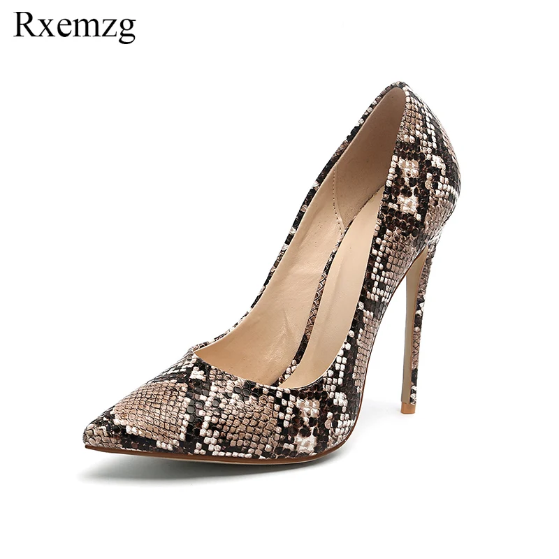 

Rxemzg 2019 spring autumn new fashion snake printing women high heels stiletto shoes 12cm sexy pumps party wedding shoes size 45