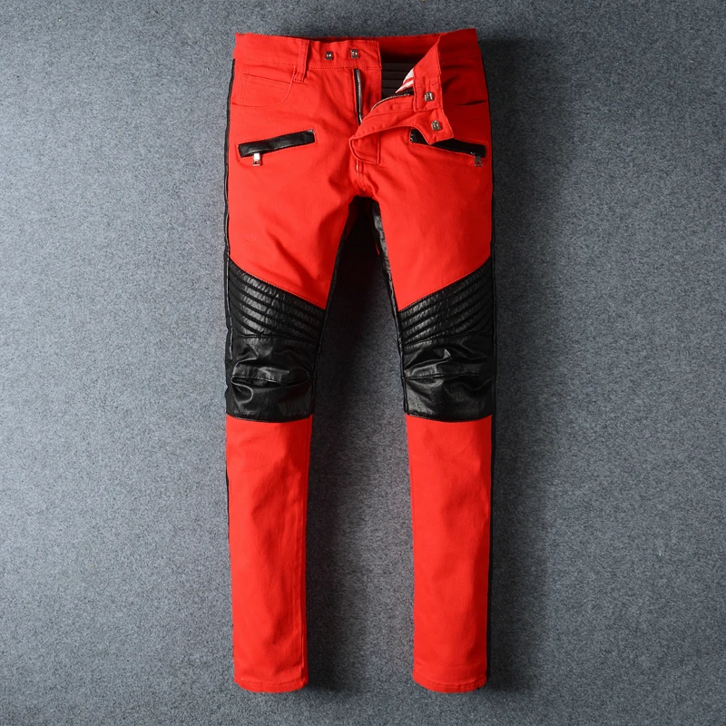 Popular Red Skinny Jeans For Men-Buy Cheap Red Skinny Jeans For New arrival Top quality Balmar Fiery red biker jeans men knee black leather stitching skinny jeans - Popular Red Skinny Jeans For Men-Buy Cheap Red Skinny Jeans For