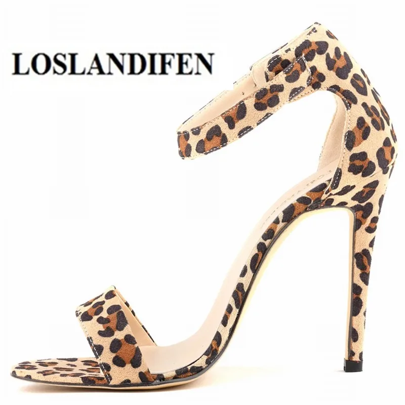 

LOSLANDIFEN Double Bands Leopard Snakeskin Pattern Ankle Buckle 11 cm Stiletto Heel Summer Fashion Club Hot Sexy pumps EUR 35-42