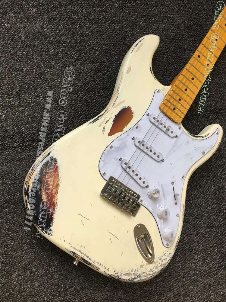 

2019 new arrival Heavy Relic Vintage white on Sunburst electric guitar,High quality relic aged ST guitar,free shipping