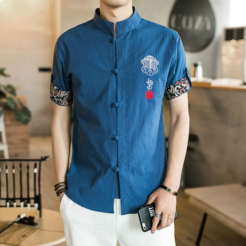 

Chinese Embroidery Mens Shirts Short Sleeve Casual Quality Tee Shirt Loose Fit Cotton Linen Tops Man Camisas Masculina Clothing
