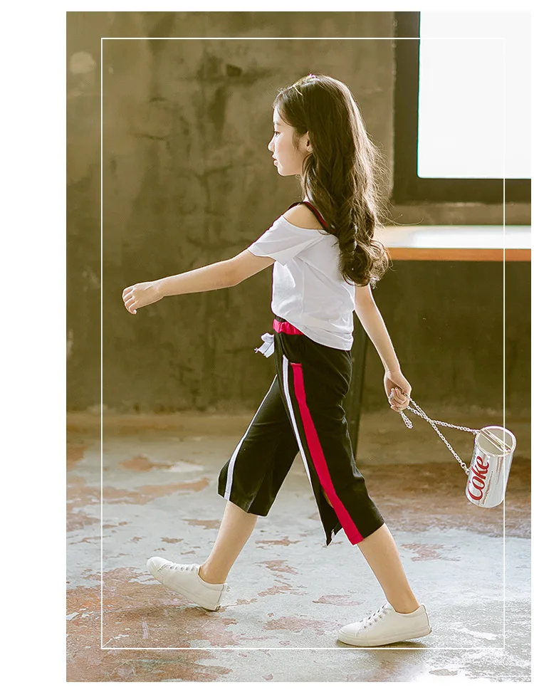 Fashion Summer Girl Clothing Teenage 2019 Child Set 2Pcs White T Shirt Wide Leg Pants Kids Clothes Outfits Sports Suit For Girls (2)