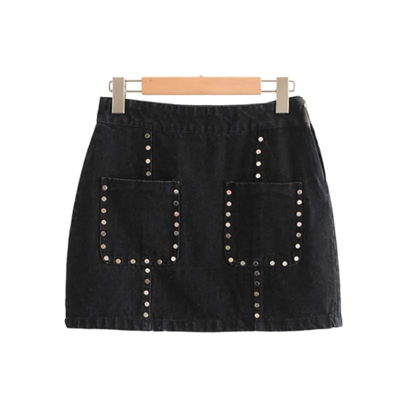 Buy women black rivet beaded denim skirt studde faldas
