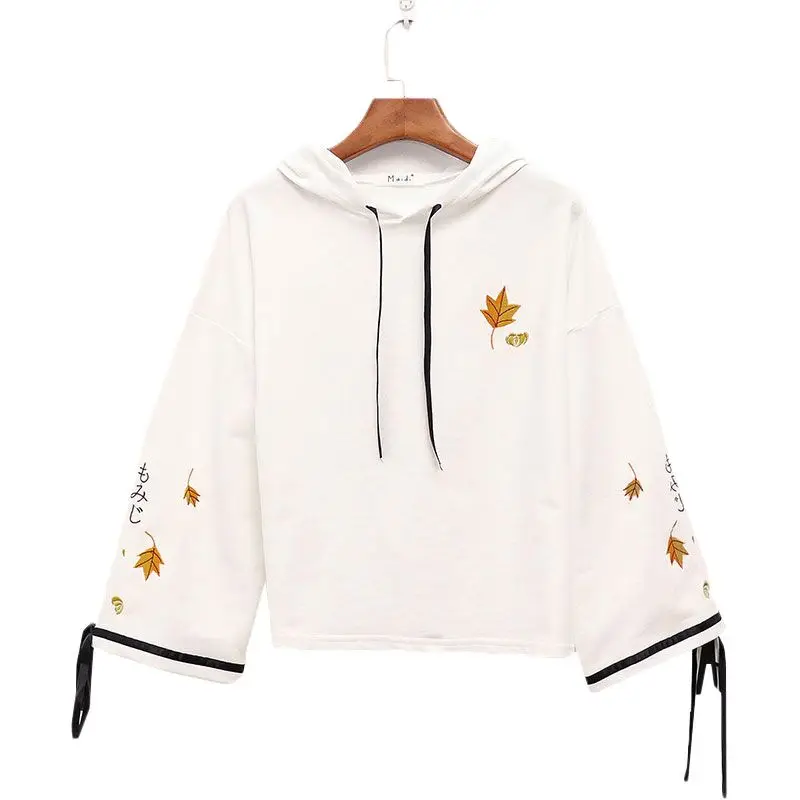

Women Harajuku Hoodies Kpop Crop Top Autumn Kawaii Floral Embroidery Japanese Korean Style Sweatshirt bluzy damskie Pullover