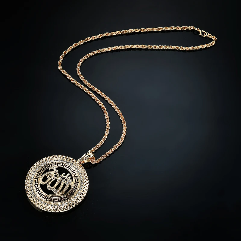 New Punk Geometric Round Waterdrop Heart Allah Necklaces Pendant For Women Men Crystal Long Necklace Arab Muslim Islam Jewelry
