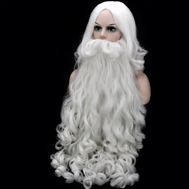 

80cm Christmas Cosplay Wig Beard Santa Claus Cosplay Wig White Curly Long Synthetic Hair Wigs For Adult + Wig Cap