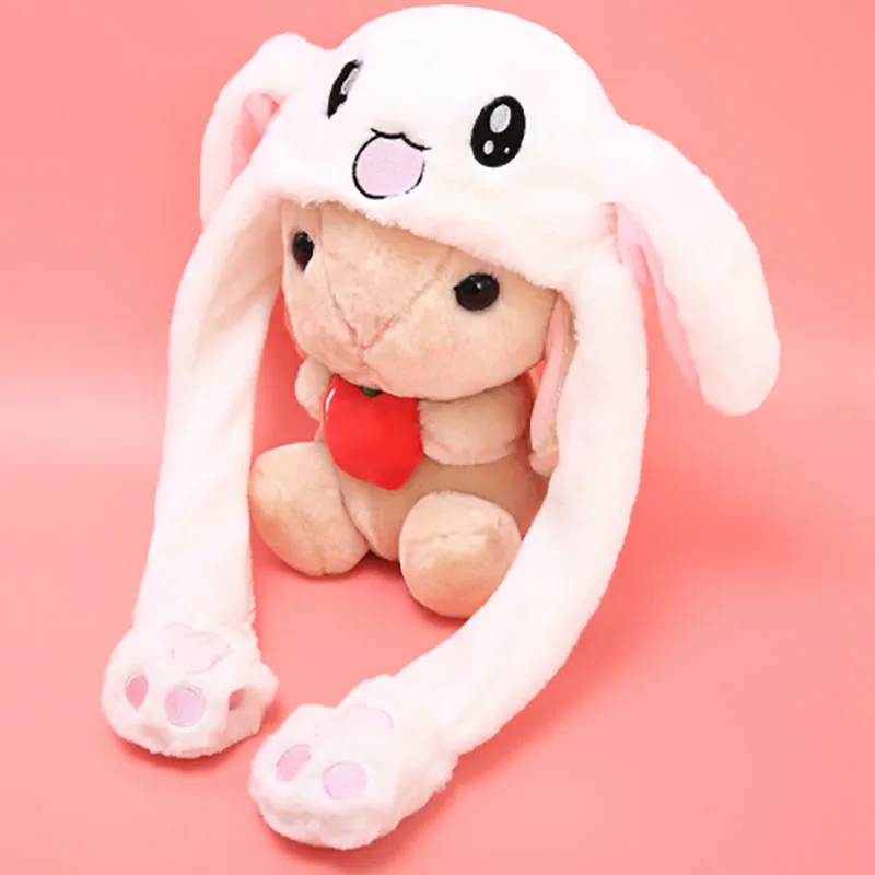 

Popular Cute Rabbit Plush Cap Pink White Attractive Kids Cuddly Moving Ear Rabbit Hat Dance Plush Toy Gift For Girl