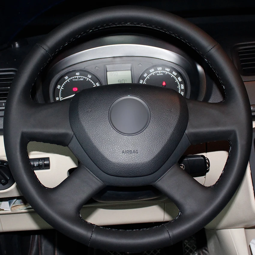 Black Natural Leather Car Steering Wheel Cover for 2014 Skoda Octavia