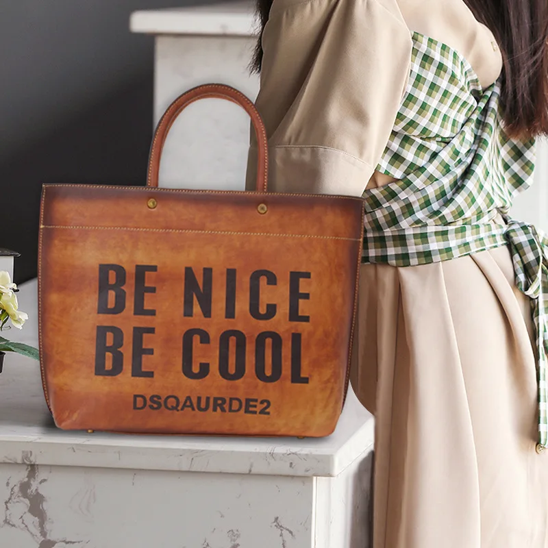 Luxury bucket type vintage genuine leather women handbags first layer cowhide letters decorative personality women shoulder bags Luxury bucket type vintage genuine leather women handbags first layer cowhide letters decorative personality women shoulder bags
