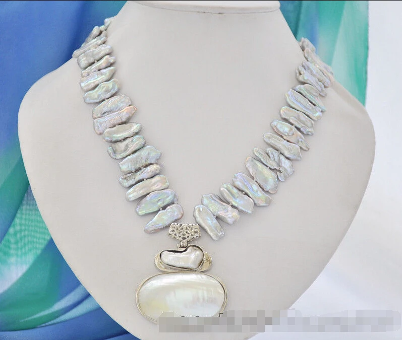 

FREE SHIPPING ******z6771 25mm gray biwa dens freshwater pearl necklace mabe pendant 17inch