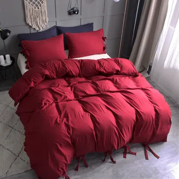 

2019 Red Color Lace-up Washed Cotton Duvet Cover Set 3 Piece Simple Plain Quilt Cover Pillowcase Full Size L624