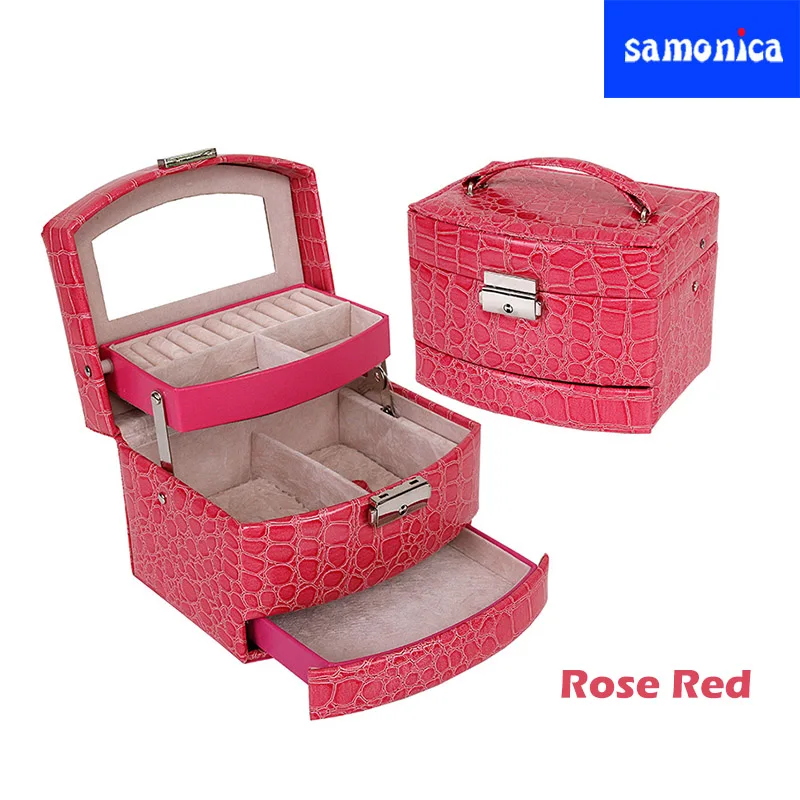 

Rose Red Crocodile Pattern Multi-function PU Jewelry Box Necklace Ring Earrings Jewelry Organize Portable Travel Essential