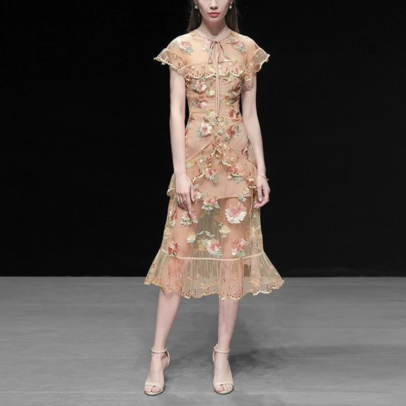 

CWBshowGG Summer 2019 New Women's Sexy Embroidered Mesh Round Neck Lace-Up Short Sleeve Ruffles Vintage Floral Knee-Length Dress