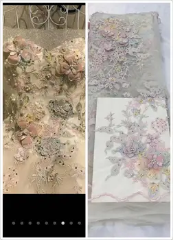 

1 yard heavy embroidered tulle lace fabric 3D Flowers Nail Bead High End European Lace Fabric