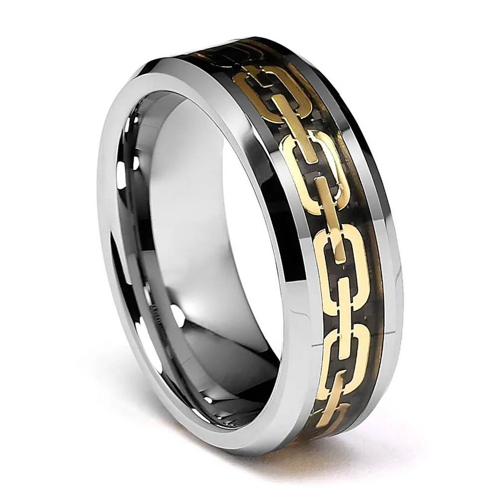 8mm Tungsten Ring Beveled Edge Gold Chain Link Inlay Wedding Men Ringin Wedding Bands from