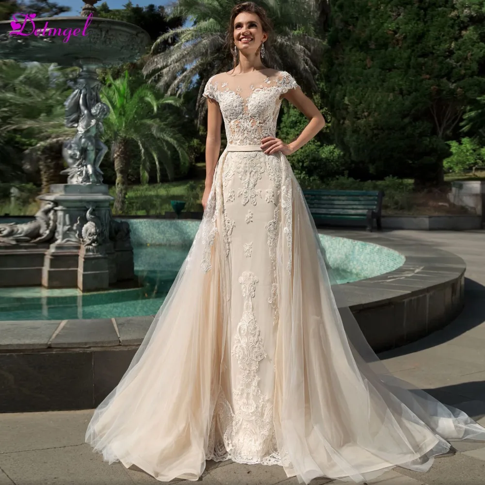 Detmgel Vestido de Noiva свадебное платье с аппликацией и рукавами-крылышками русалочкой 2020