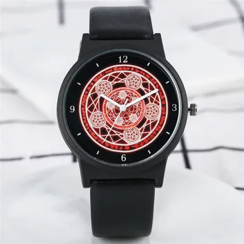 

Fashion Mens Watch Quartz Analog Alchemy of Steel Pattern Dial Soft Black PU Leather Band Clock Male relojes para hombre