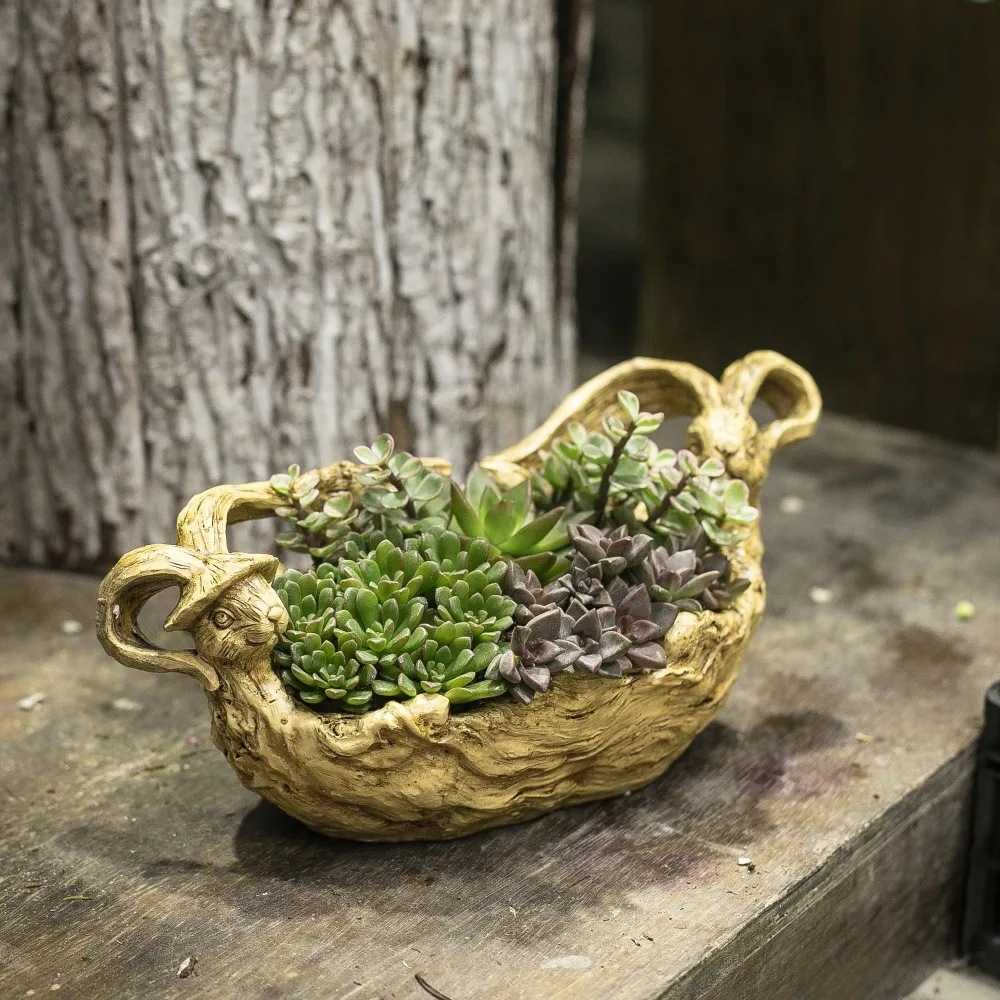 

Artificial Driftwood Rabbit Bunny Planter Resin Flower Pot Sculpture Succulent Air Plants Multilayer RusticTrunk Stump
