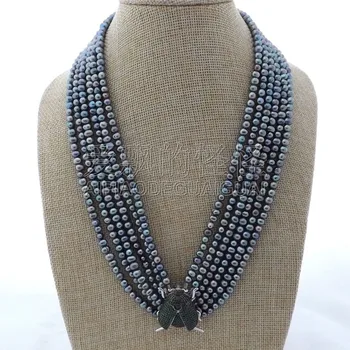 

N012915 19" 6 Strands Black Pearl Necklace CZ Pave Beetle Connector