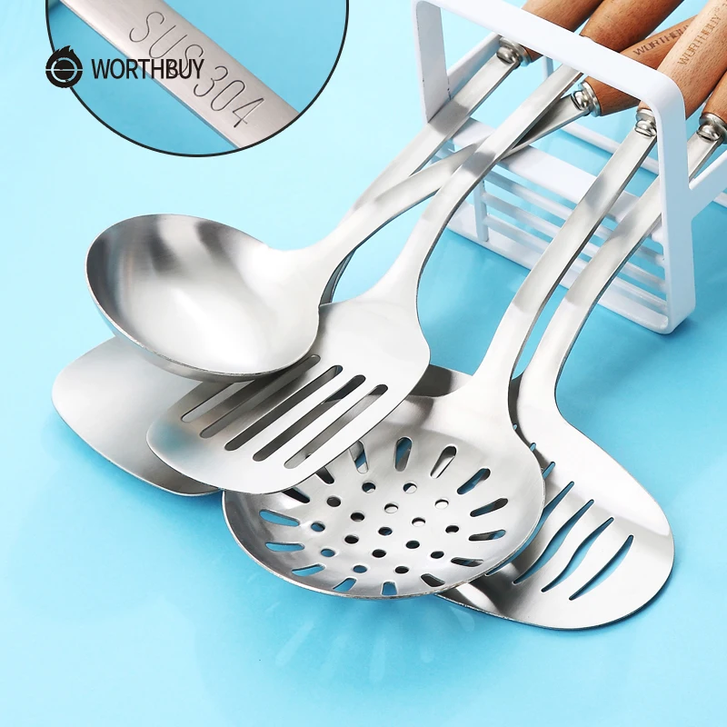 WORTHBUY Kitchen Cooking Tools Set 304 Stainless Steel Kitchenware With Wooden Handle Spatula Soup Ladle Kitchen Utensils Set WORTHBUY Kitchen Cooking Tools Set 304 Stainless Steel Kitchenware With Wooden Handle Spatula Soup Ladle Kitchen Utensils Set