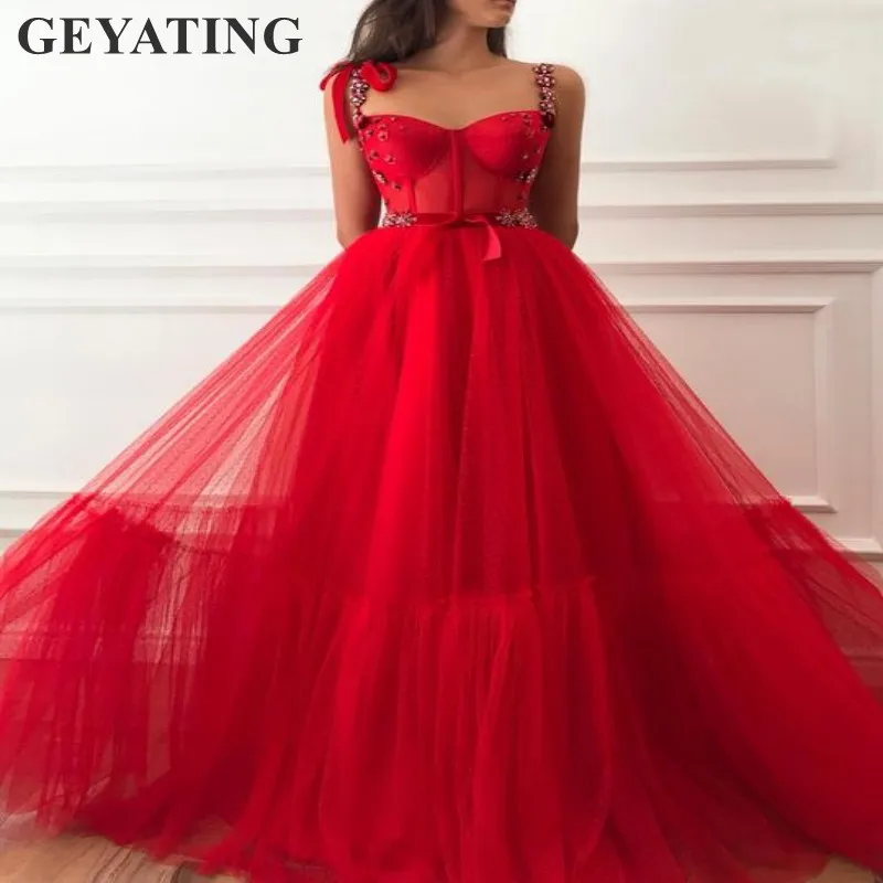 

Elegant Red Tulle with Dots Long Evening Dress 2019 Sexy Spaghetti Straps Prom Dresses Women Formal Party Gowns Engagement Dress