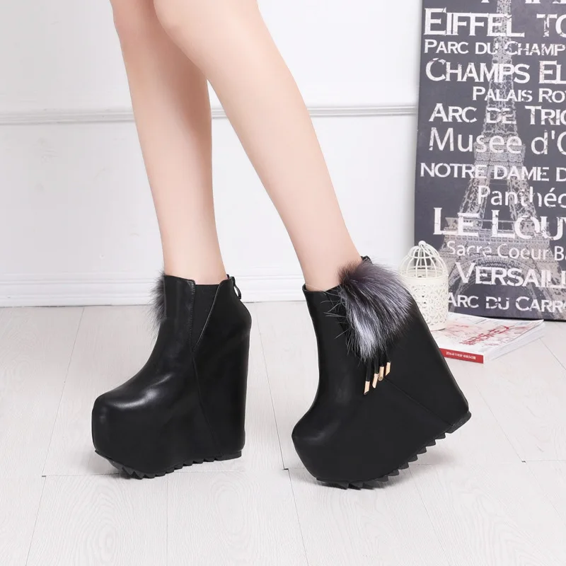 

New Women Ankle Boots Autumn women Black High Heel 17CM Solid Short boots Fashion shoes Flat Platform 7cm Wedges Shoes ME-09