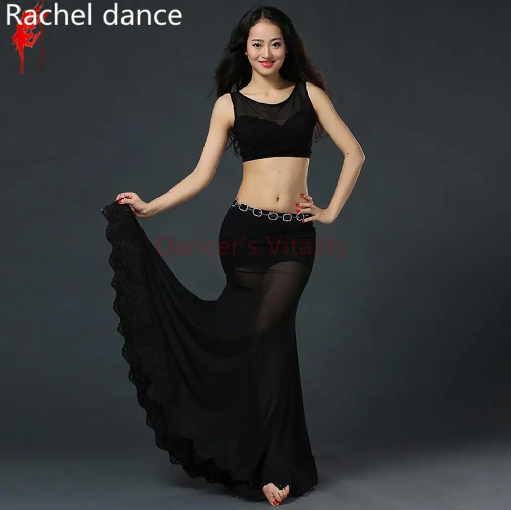 Новое поступление, длинная юбка для танца живота, 2 предмета, кружевное платье, сексуальный костюм для танцев, набор для восточных танцев, костюмы, Цыганская юбка - Цвет: Черный