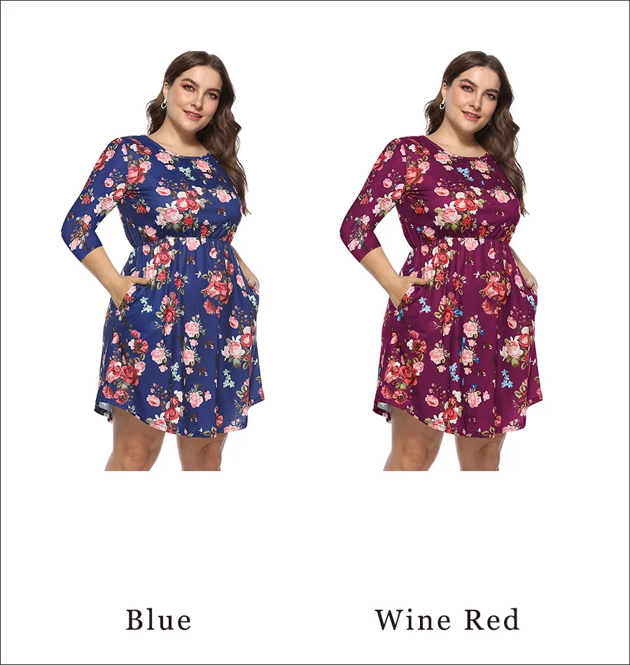 Gladiolus Floral Print Women Summer Dress O-Neck 34 Sleeve Empire Waist Casual Knee-Length Dress Autumn Vestidos Plus Size 4XL  (9)