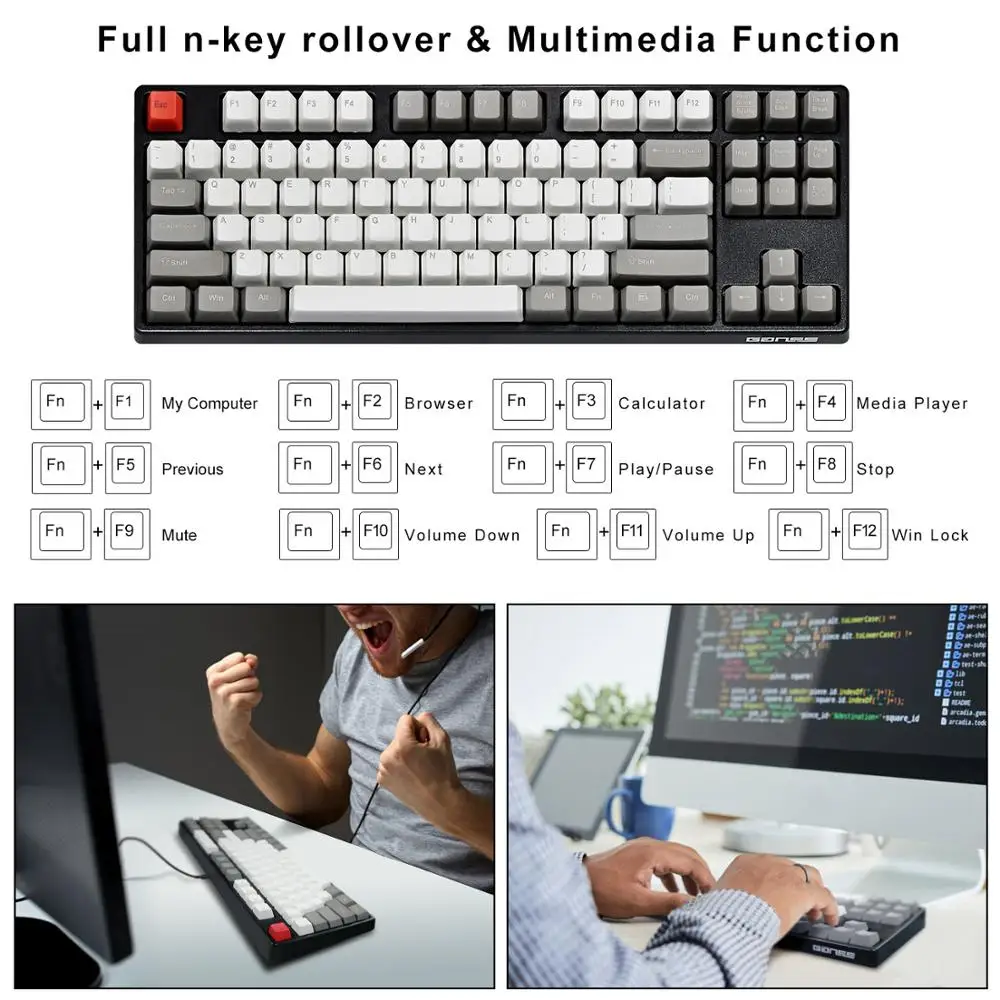 Механическая игровая клавиатура GANSS TKL, 87 клавиш смесь PBT, линейная и тихая Cherry Mx Silent Red для игр и офиса(макет США