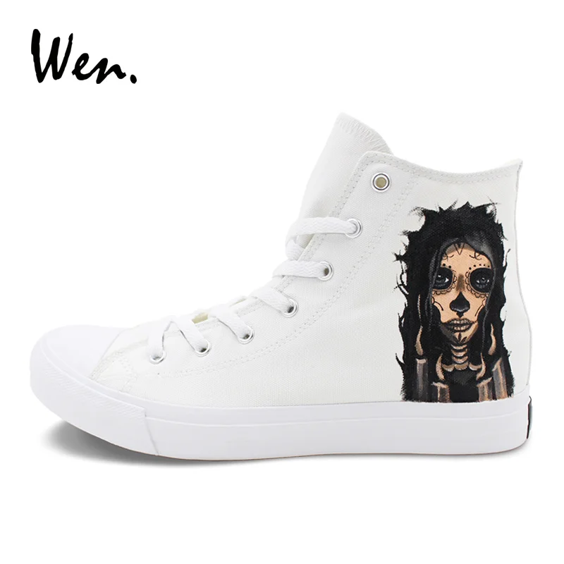 

Wen Unisex Hand Painted Shoes Skull Zombie Girl Custom Design Canvas Sneakers Sports White High Top Skateboarding Shoes