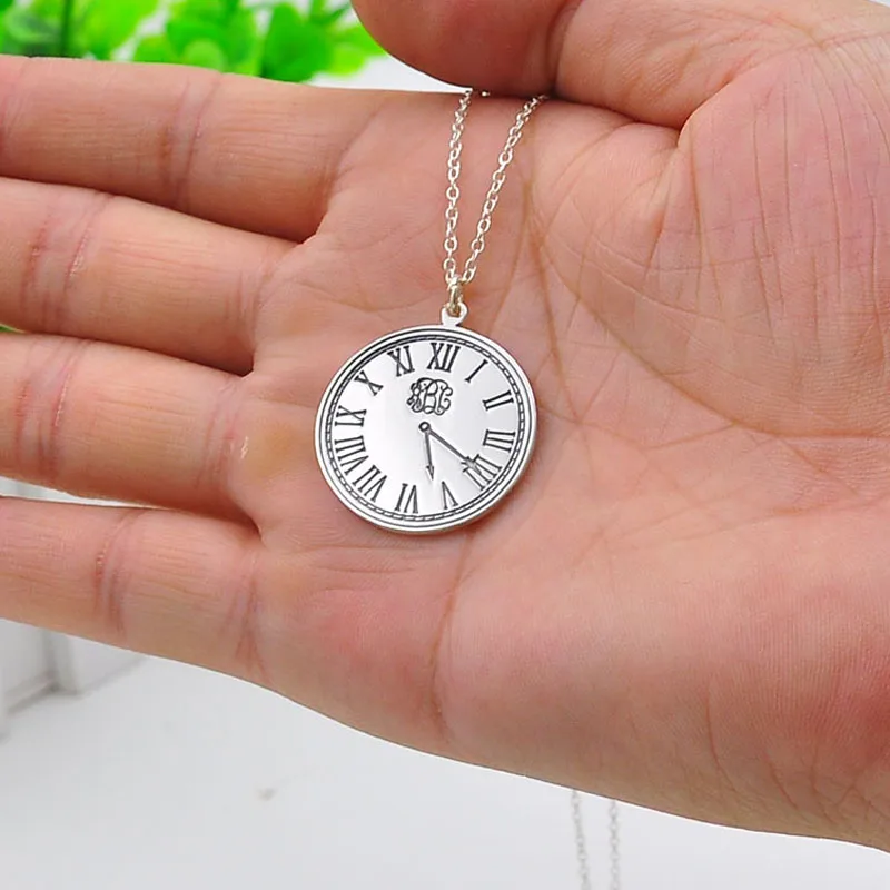 

Wholesale Silver Monogram Necklace Custom 3 Initial Engraving Disc Personalized Time Clock Watch Necklace Christmas Gift