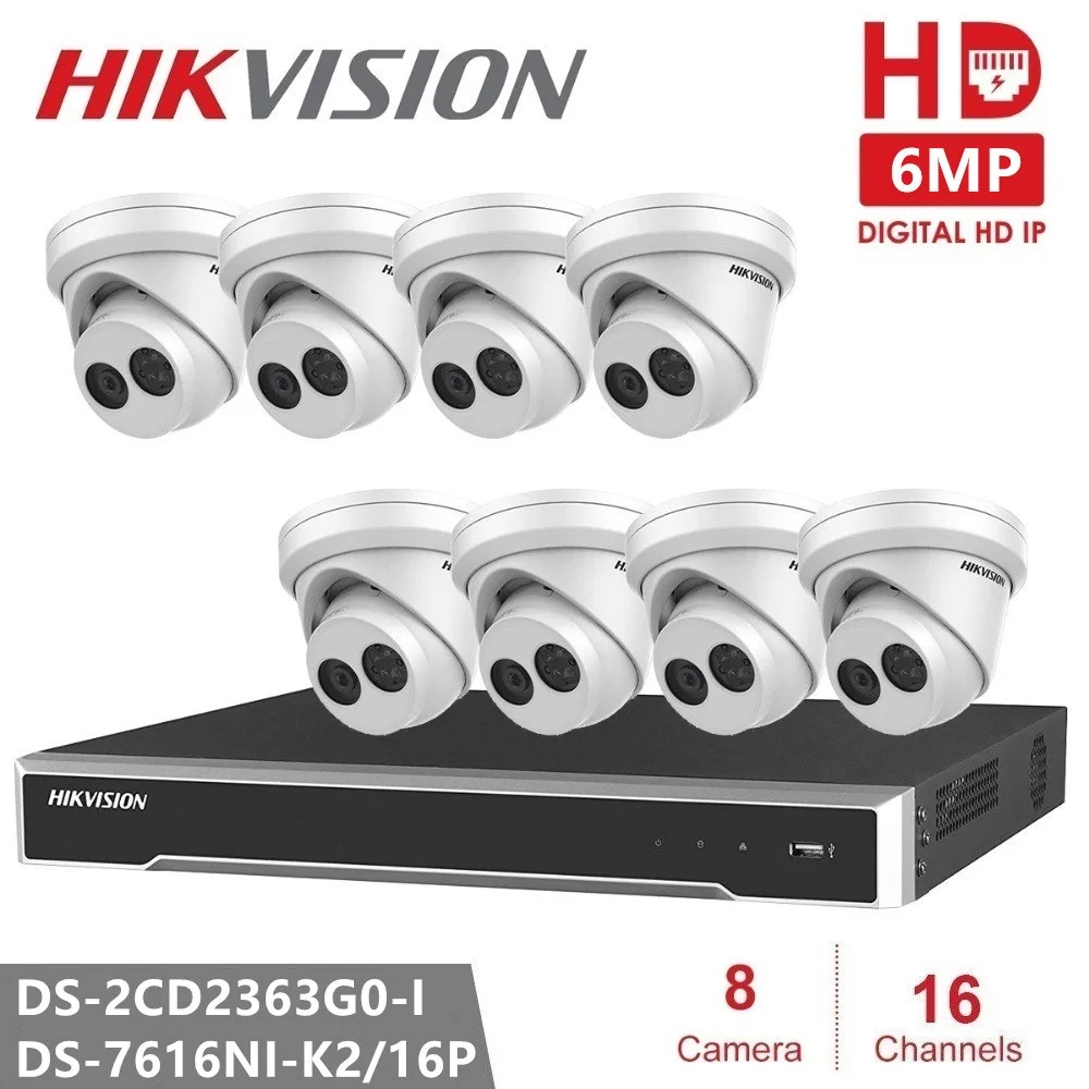 Hikvision домашняя CCTV камера безопасности Система 16CH NVR + 8 шт. DS-2CD2363G0-I 6MP IP