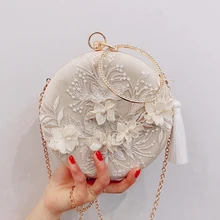 Известный дизайнер для женщин вечерняя цепочка сумка бежевая Дамская Роскошная вышивка цветок винтажная клатч круглая сумка и ручные сумки бежевый