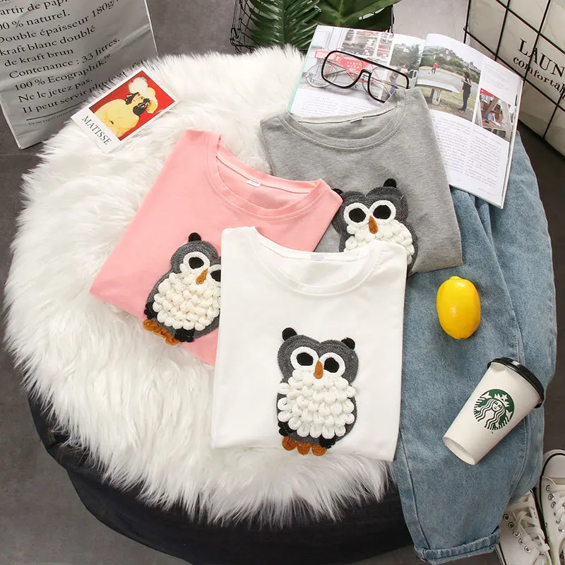 

Owl Sticker Embroidered T-shirt with Round Neck and Short Sleeve Printed Loose Sleeve Women Shirts