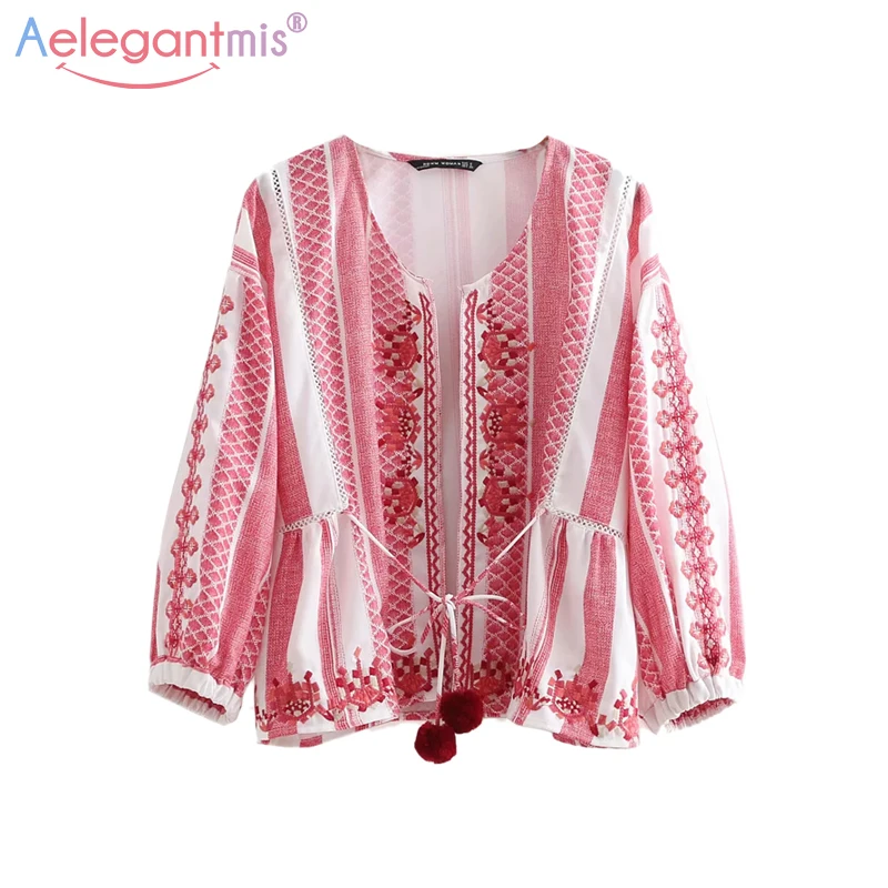 Aelegantmis vintage striped embroidery blouses women casual cardigan
