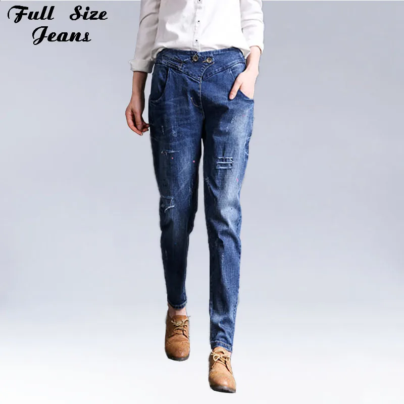 

Boyfriend Vintage Retro Plus Size Painting Distressed Loose Harem Jeans 4XL 5XL 6XL 7XL 2XS High Waist Destroyed Denim Trousers