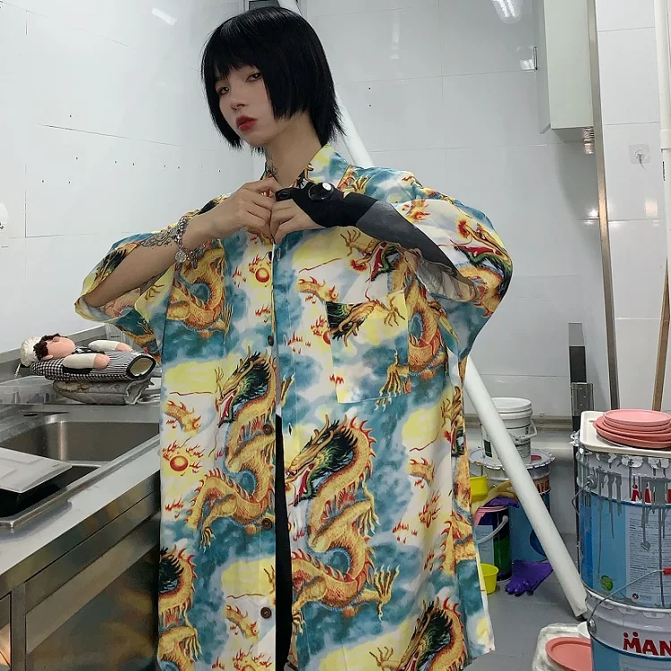 Размера плюс больше размера d свободные хип хоп Винтаж Дракон печати панк Корейская уличная блузка хараджуку рубашка Топ летняя верхняя одежда японский