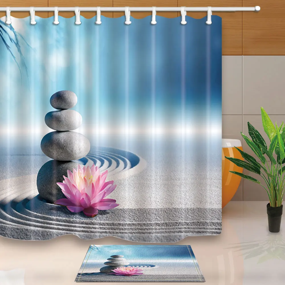 

Creative Design Shower Curtains Stones and Lotus on Beach Serenity Style Bath Screens Fabric Waterproof Mildew Proof with Hooks