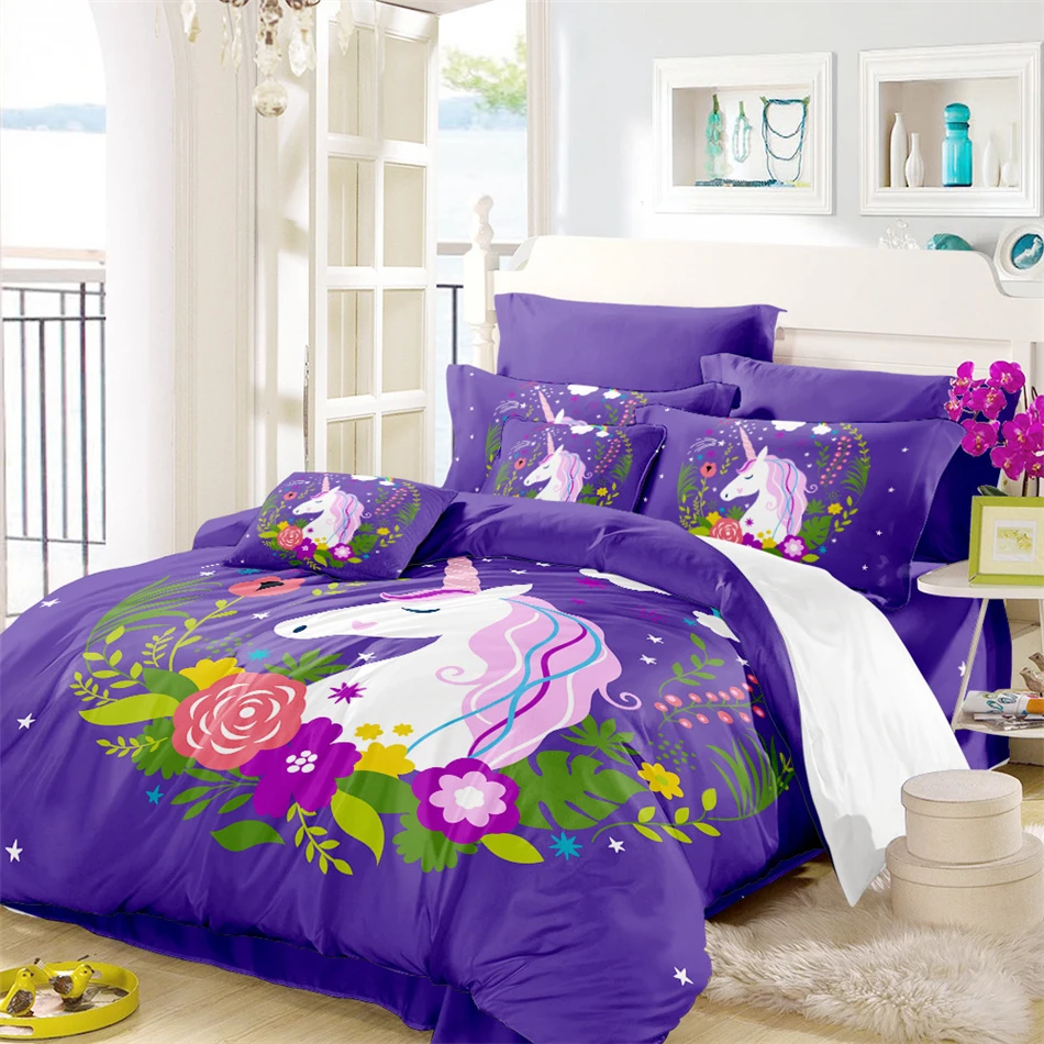 Фиолетовый единорог постельное белье Комплект Принцесса мультяшный пододеяльник набор завод с цветочным принтом постельное белье King