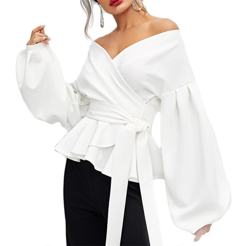 

White Layered Ruffles Blouse Shirt Long Lantern Sleeve Off Shoulder Lace Up Blouse Shirts Women Pleated Blouses Sash Bow Tie Top