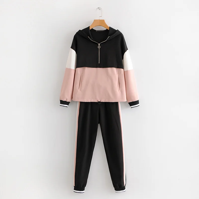

Motion Set Female New 2019 Spring Autumn Women's Two Pieces Loose Long Sleeve Jacket and Elastic Pants Causal Women Trousers