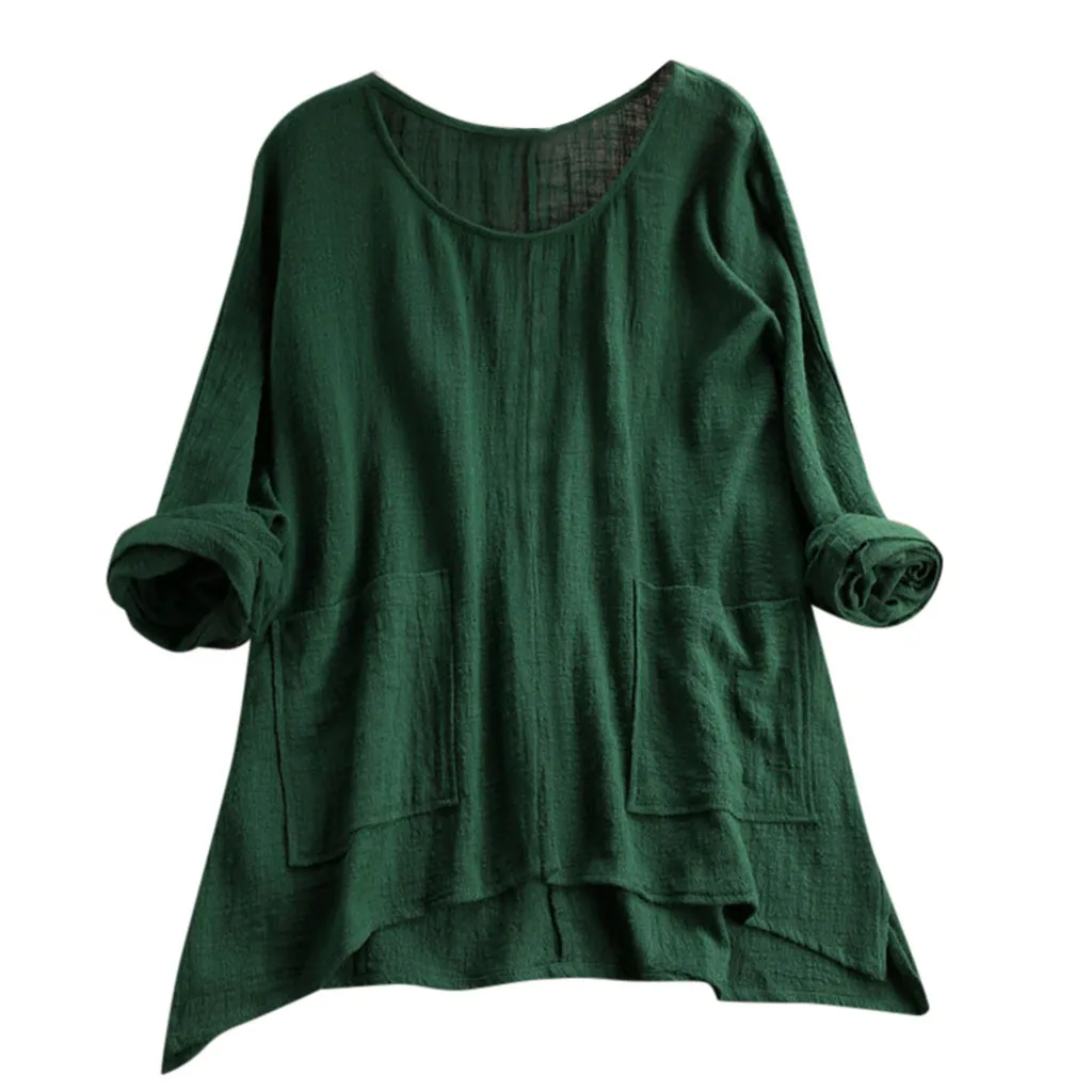 Женская Туника большого размера, модная Женская Ретро однотонная Асимметричная блузка с карманами, Повседневная блуза с круглым вырезом и длинным рукавом#30 - Цвет: Зеленый